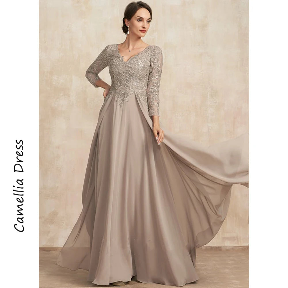 Simple V-Neck Mother Of The Bride Dress A Line Formal Dresses Chiffon Lace With Sequins Vestidos Mae Da Noiva Casamentos