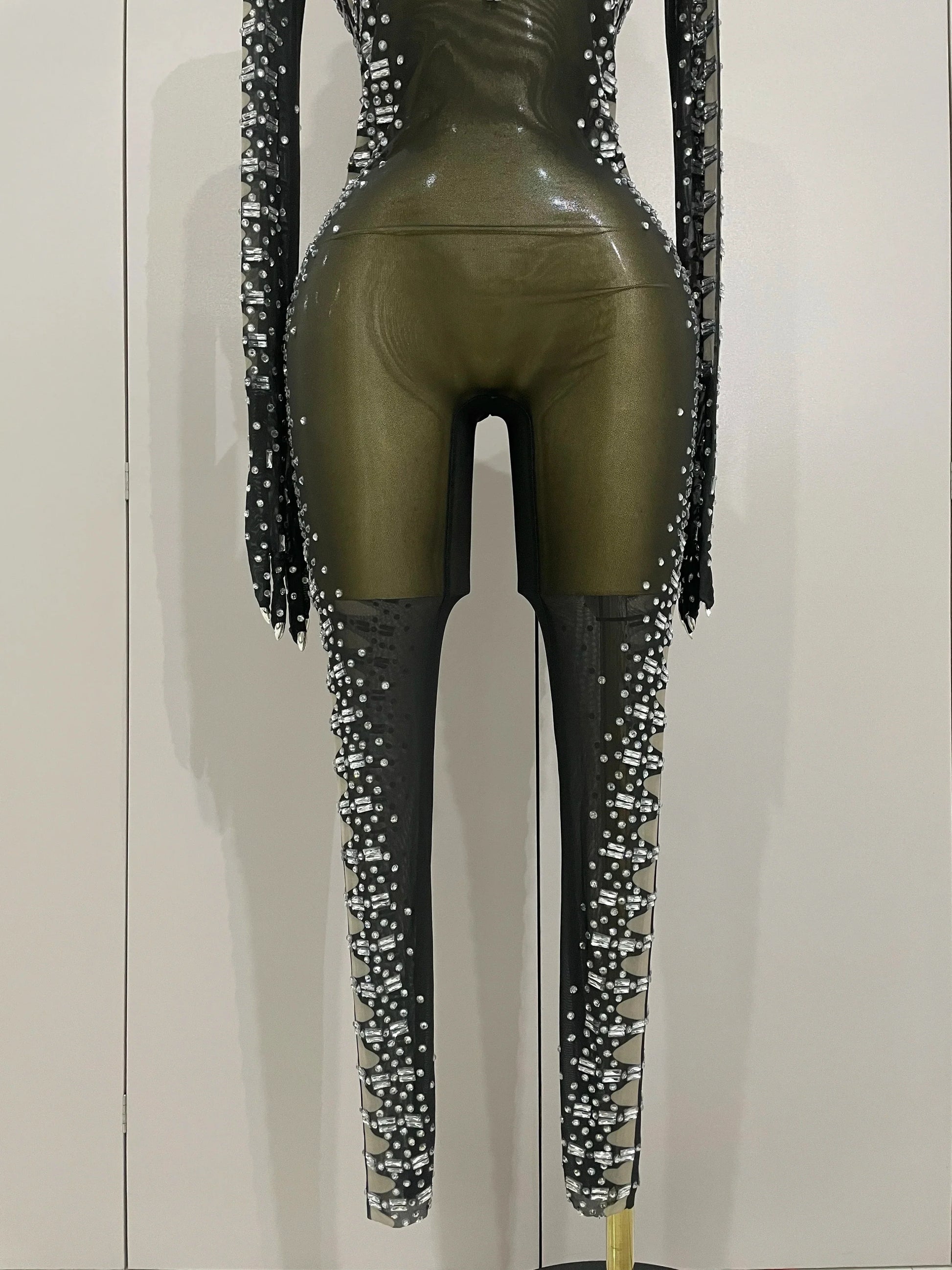 Sexy Sparkly Crystals Black Mesh Jumpsuit With Gloves Women Celebrate Birthday Party NightClub Singer Dance Stage Costumes