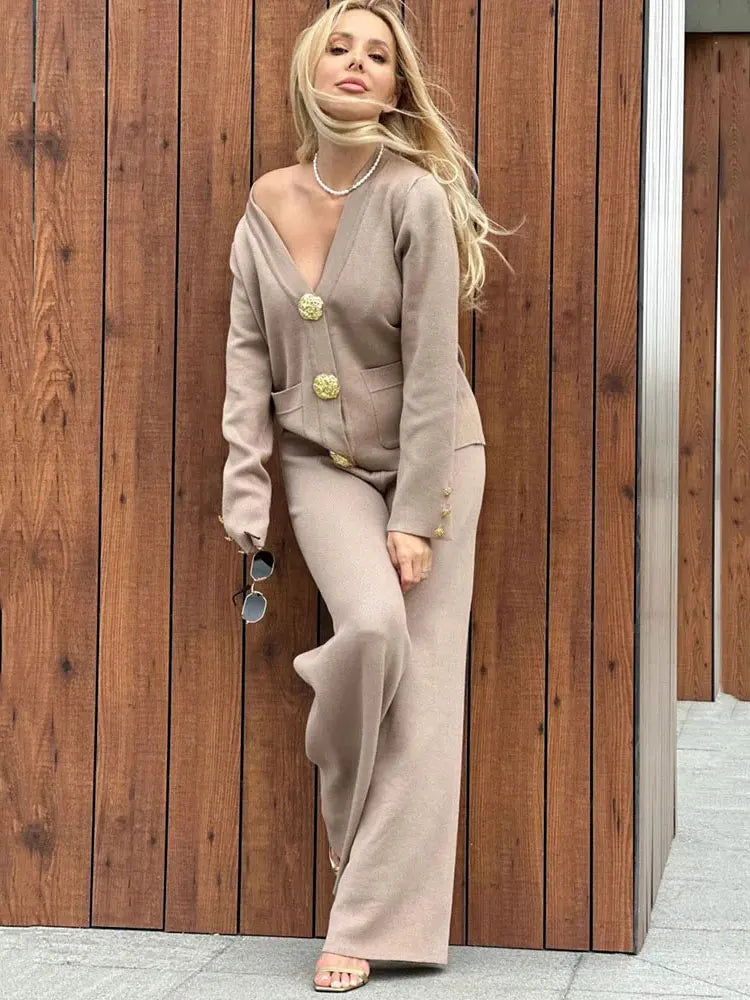 Casual Women's Knitted Pants Set V-neck Long sleeved Single breasted Knitted Sweater Cardigan+Flare Pants Two piece Set