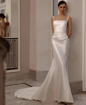Elegant Silk Satin Mermaid Wedding Dress with Detachable Train, Glitter Straps, and Beaded Bodice As Picture