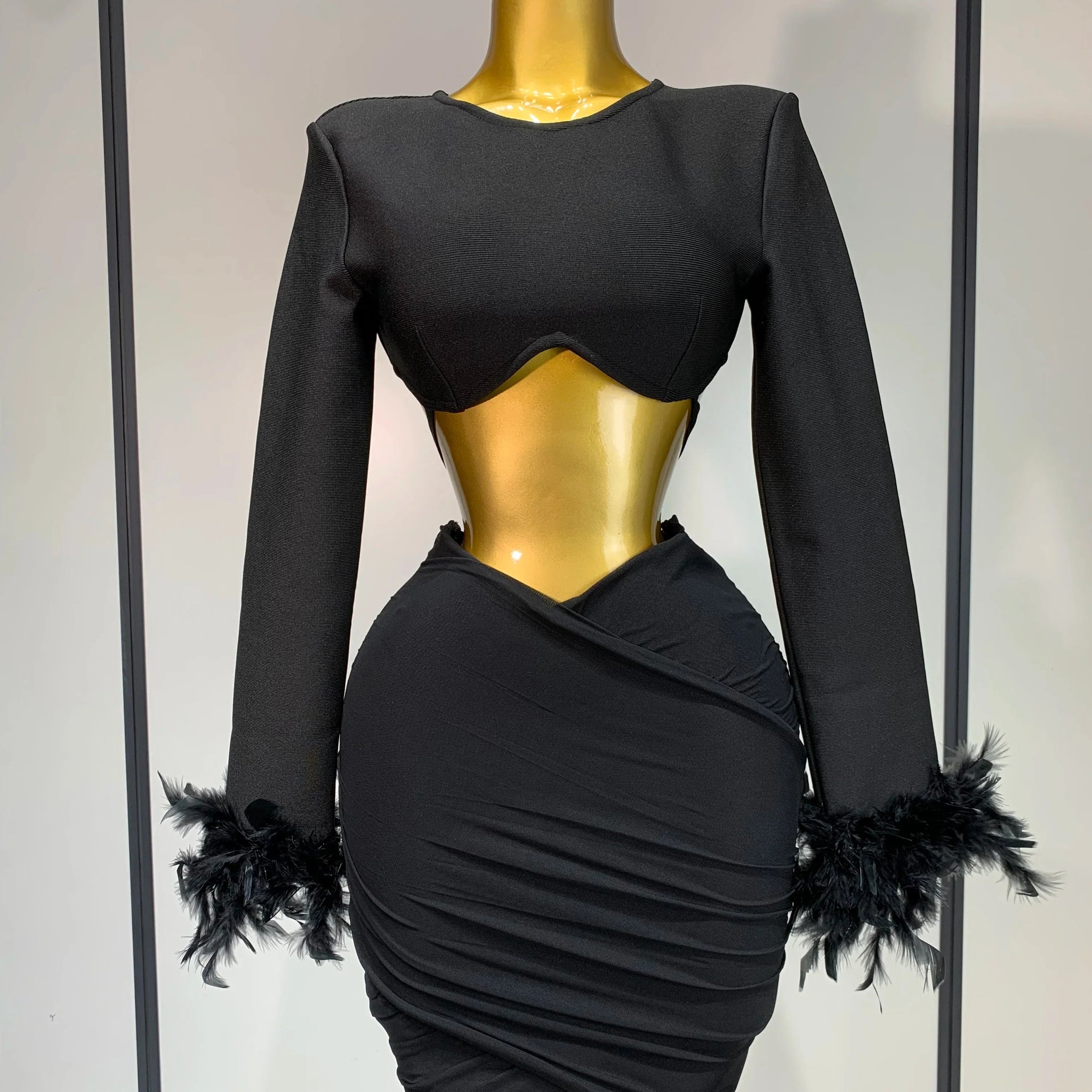 Luxury Birthday Dress Women Sexy Long Sleeve Feather Black Mesh Mini Bodycon Bandage Dress Elegant Evening Club Party Dress ﻿ black
