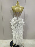 Luxury Sparkle Rhinestone White Feather Sexy Mesh Long Dress Women Evening Party Birthday Performance Photoshoot Costume