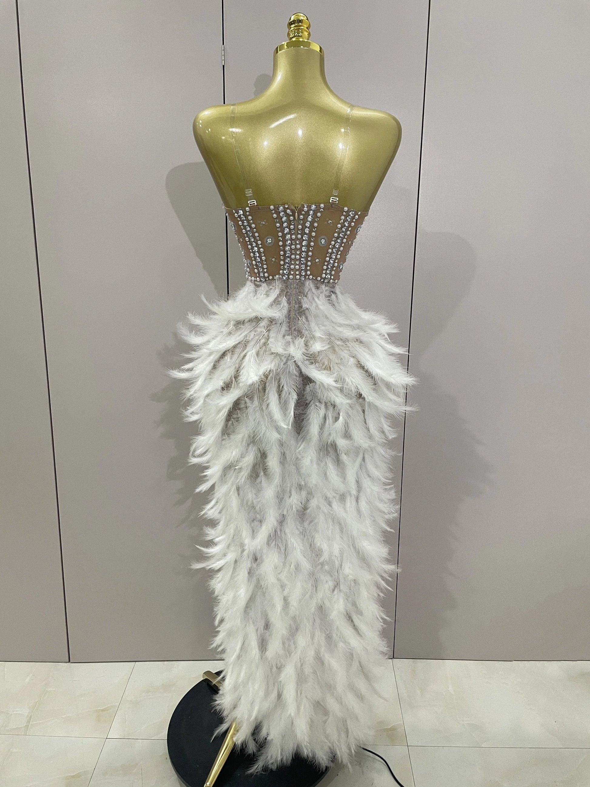 Luxury Sparkle Rhinestone White Feather Sexy Mesh Long Dress Women Evening Party Birthday Performance Photoshoot Costume