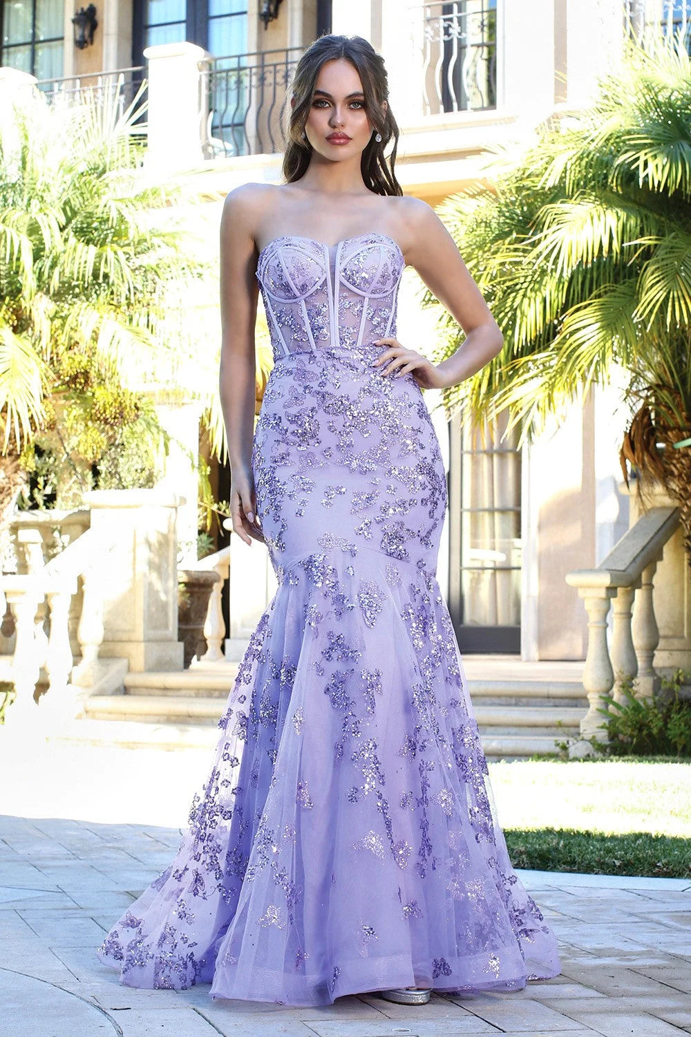 Strapless Prom Dresses Lace Appliques Tulle Mermaid Wedding Dress Shiny Sequins Floor-Length Vestidos De Fiesta Purple