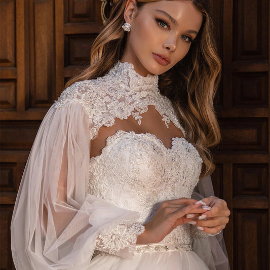 Modest High Collar Long Sleeve Wedding Dress Classic Appliques Dress For Bride Graceful A-line Long Bridal Gown Robe De Mariée