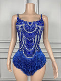Sparkly Silver Rhinestones Pearl Tassels Bodysuit Women Sexy Eveing Birthday Party Nightclub Stage Performance Costume Blue