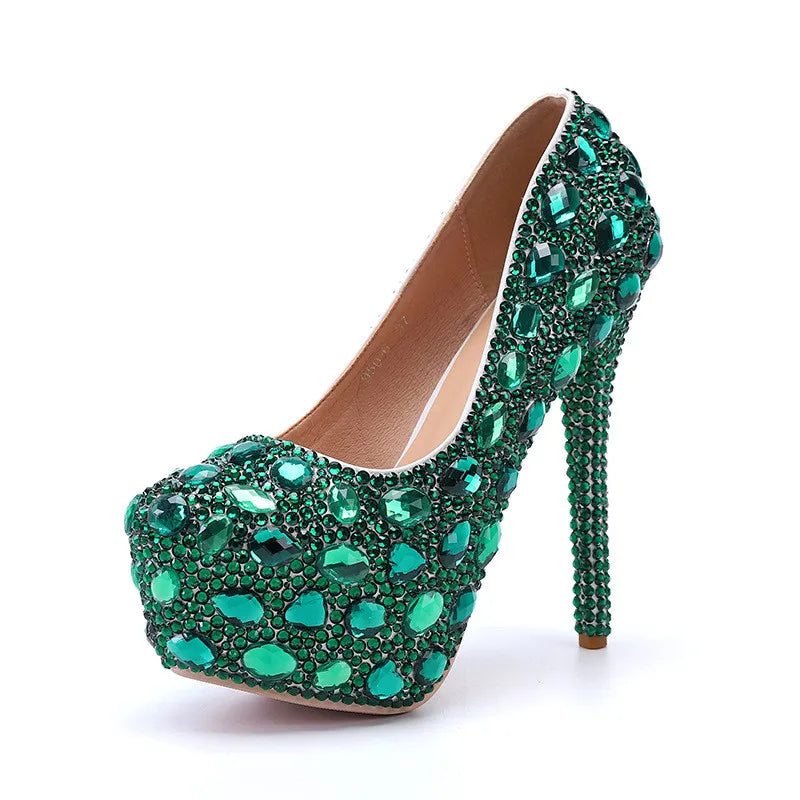 Bling Bling Luxury Rhinestones Diamond Women Pumps 14cm Ultra High heels Platform Wedges Party Shoes Fashon Wedding Bridal Shoe Green