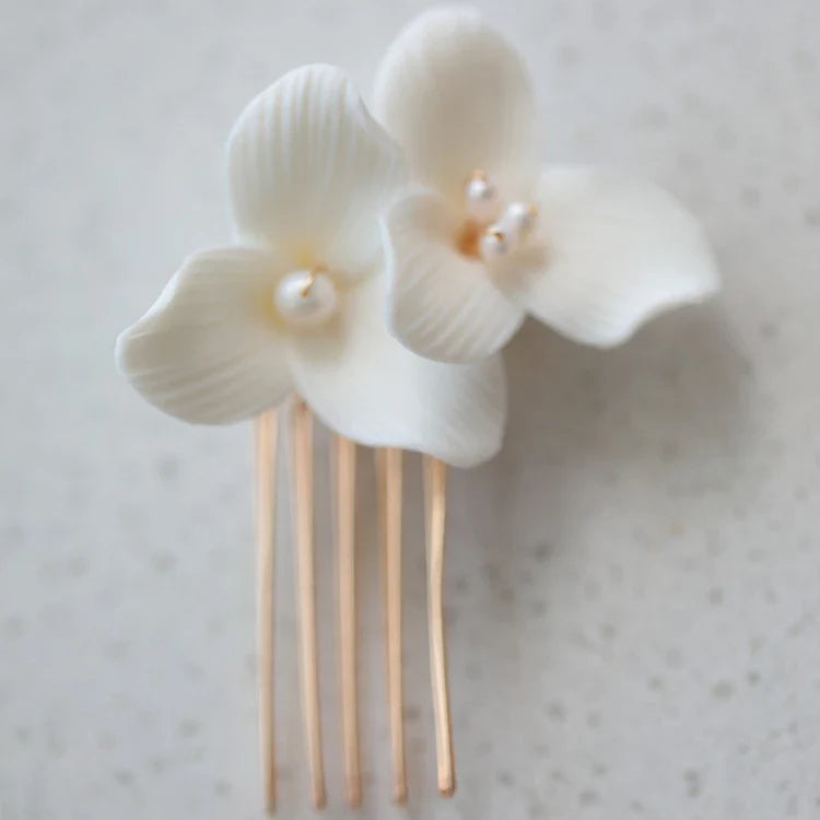 Wedding Accessories Porcelain Flower Hair Comb Pin Silver Gold Color Hairpins For Brides Women Gifts Head Pieces Bridal Jewelry gold color b