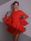 Solid Spliced Button Slimming Mini Dresses For Women O Neck Long Sleeve High Waist Patchwork Ruffles Female Fashion New 2025