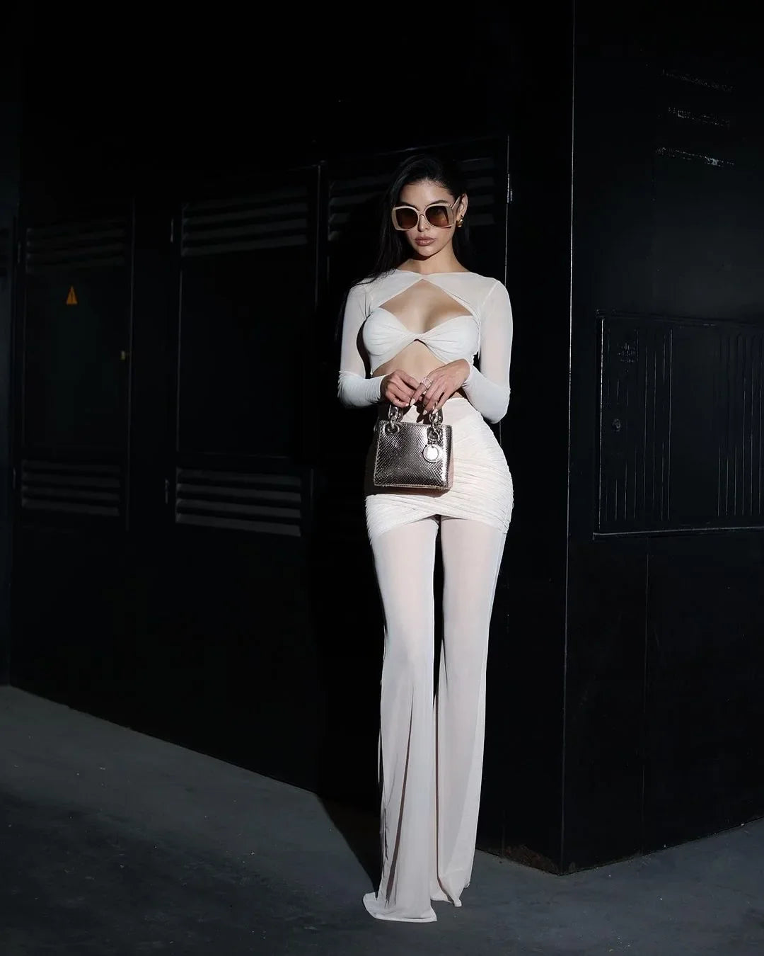 Spring Mesh See Through Women Set Sexy Hollow Out Short Top And Flare Pants 2 Pieces High Stree Wear Evening Party Vestido