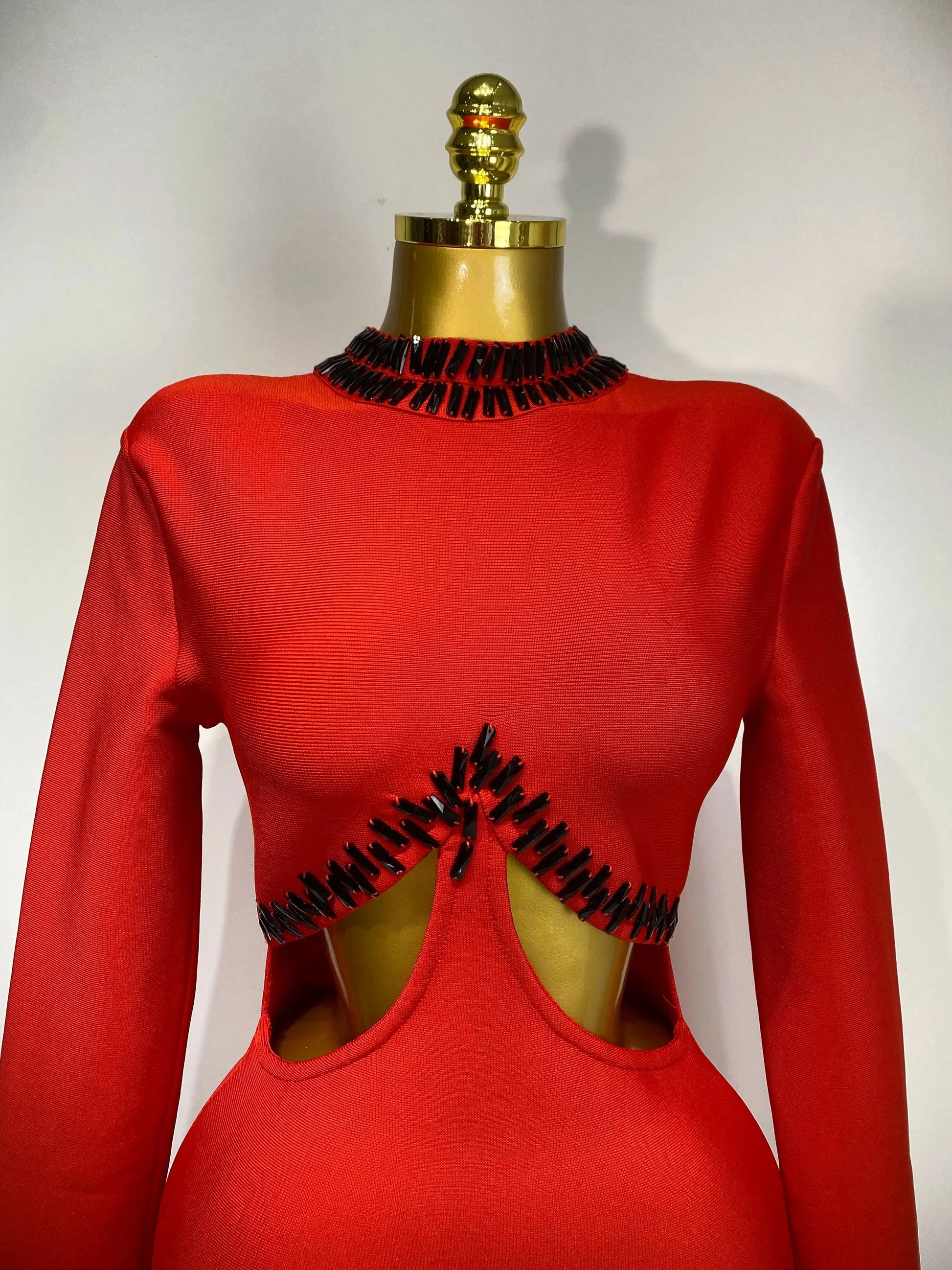 Women Sexy Cut Out Long Sleeve Beading Feather Red Mini Bandage Dress Celebrity Elegant Evening Party Luxury Birthday Dresses