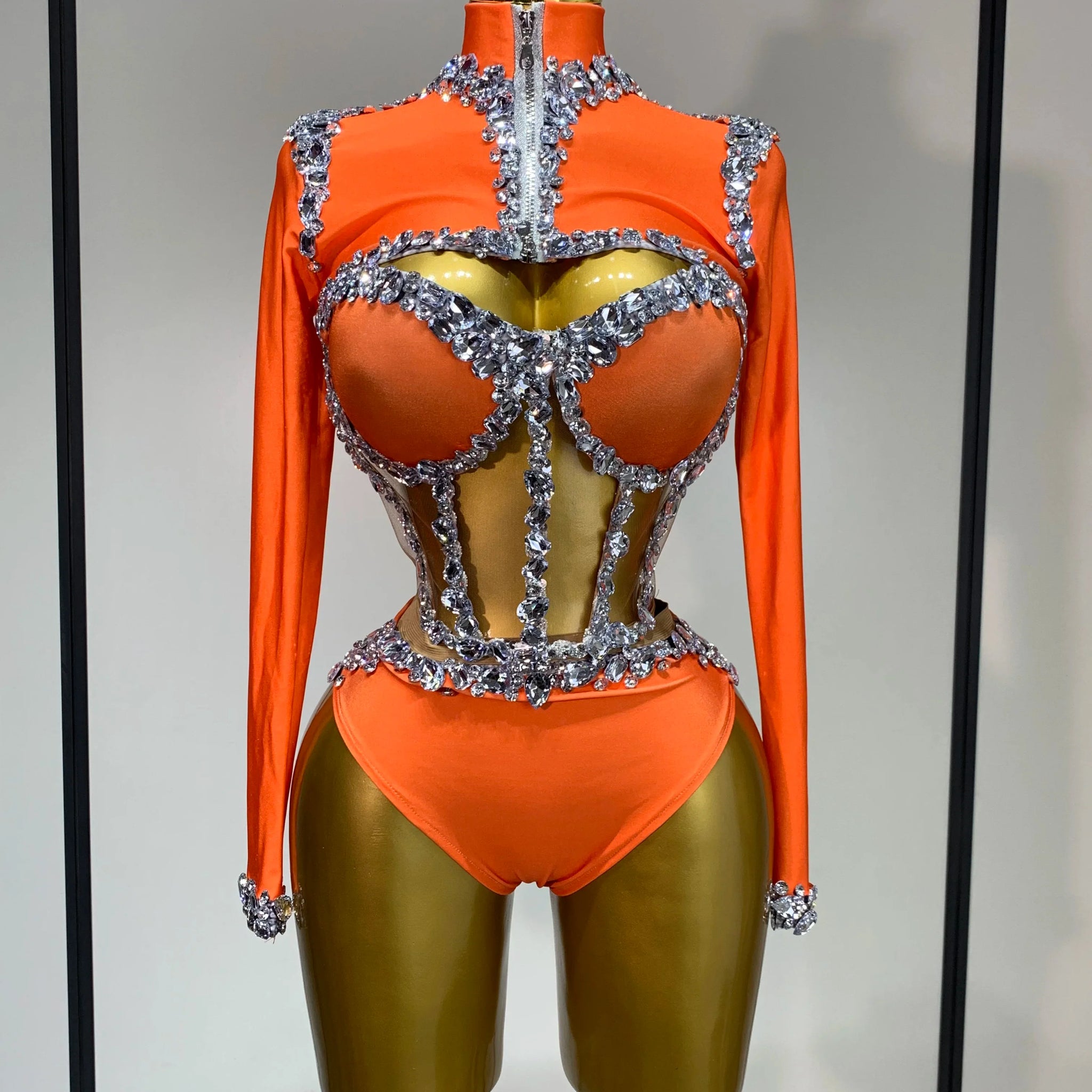Sparkly Rhinestone Stage Outfit Women Long Sleeve Three Piece Set Dance Drag Queen Nightclub Evening Party Birthday Costume Orange