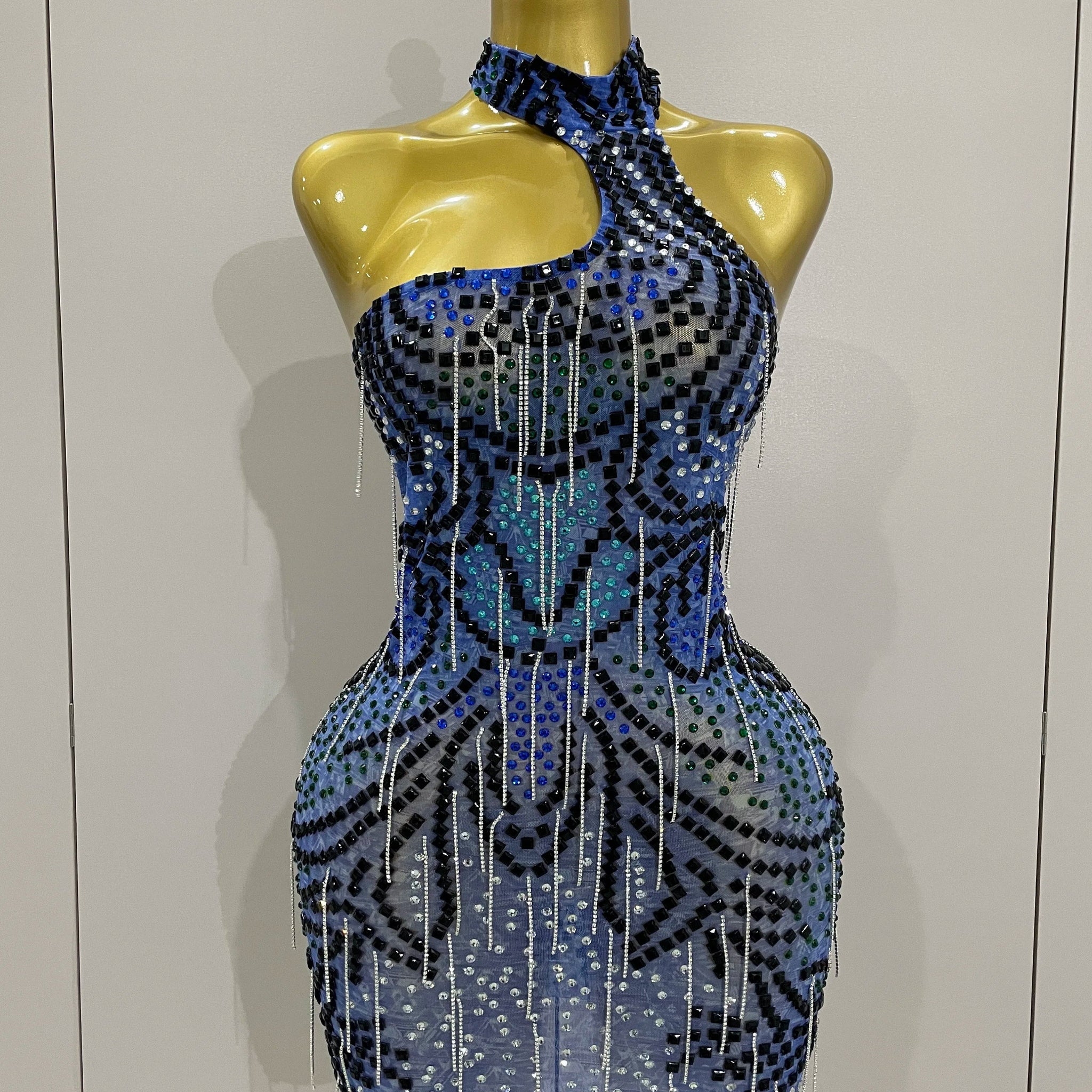 Sexy Sparkly Rhinestones Chains Blue Mesh Short Dress Women Party Celebrate Birthday Dresses Photo Shoot Stage Wear Blue