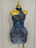 Sexy Sparkly Rhinestones Chains Blue Mesh Short Dress Women Party Celebrate Birthday Dresses Photo Shoot Stage Wear Blue