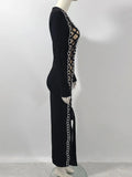 2024 Sexy Women Heavy Industry Chain Drawstring Bandage Dress O-neck Long Sleeve Bodycon Midi Split Dress Evening Party Vestidos
