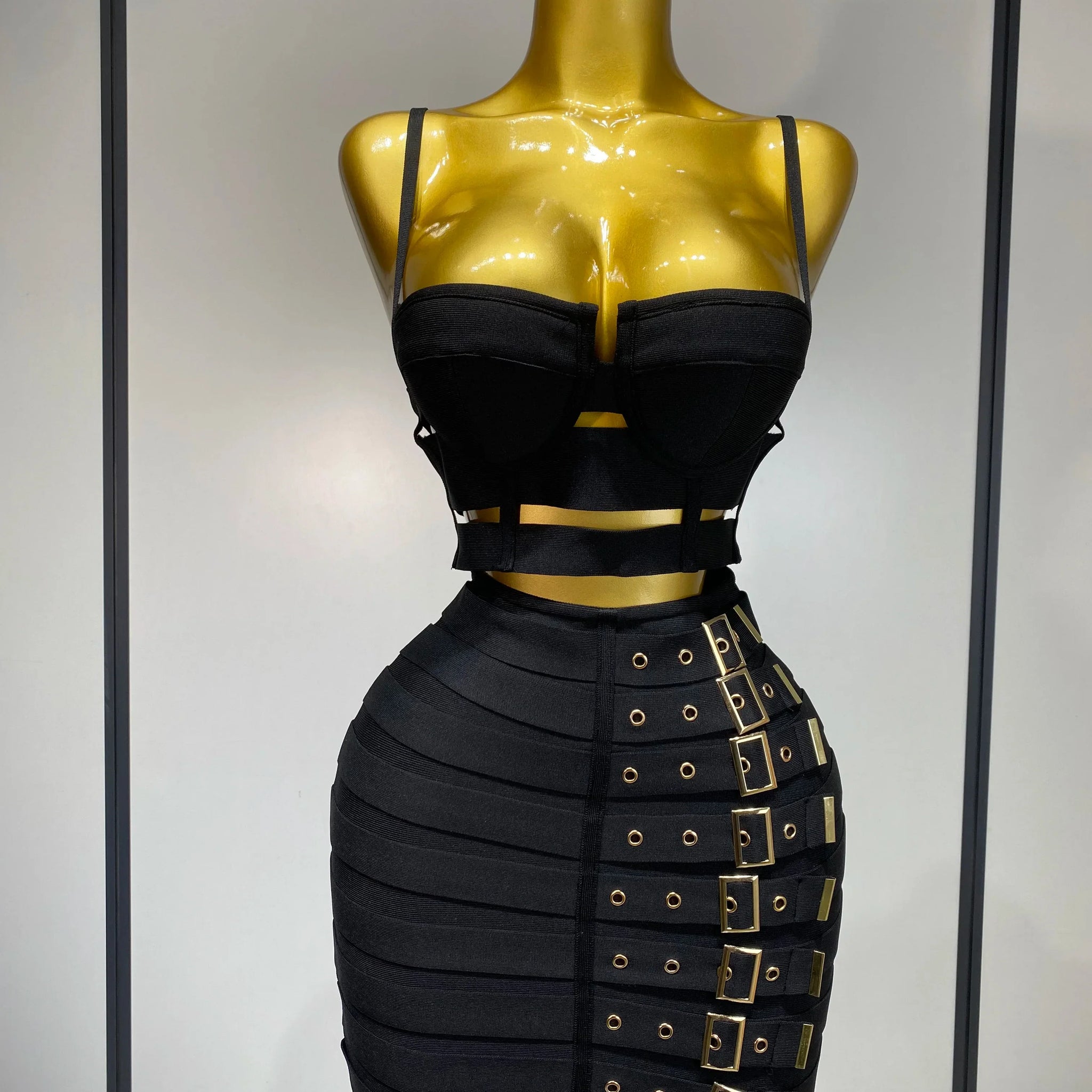 Women Sexy Black Cut Out Bodycon Bandage Skirt Two Piece Set Celebrity High Streeet Evening Birthday Club Party Outfits black