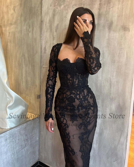 Black Lace Prom Dresses Mermaid Long Sleeves Formal Women Party Gowns Sexy Ankle Length Midi Evening Pageant Gown