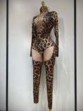 Women Stretch Leopard Print Sexy Bodycon Jumpsuit Bar Nightclub Singer Dancer Luxury Diamond Stage Performance Outfit