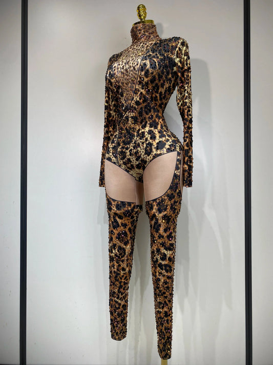 Women Stretch Leopard Print Sexy Bodycon Jumpsuit Bar Nightclub Singer Dancer Luxury Diamond Stage Performance Outfit