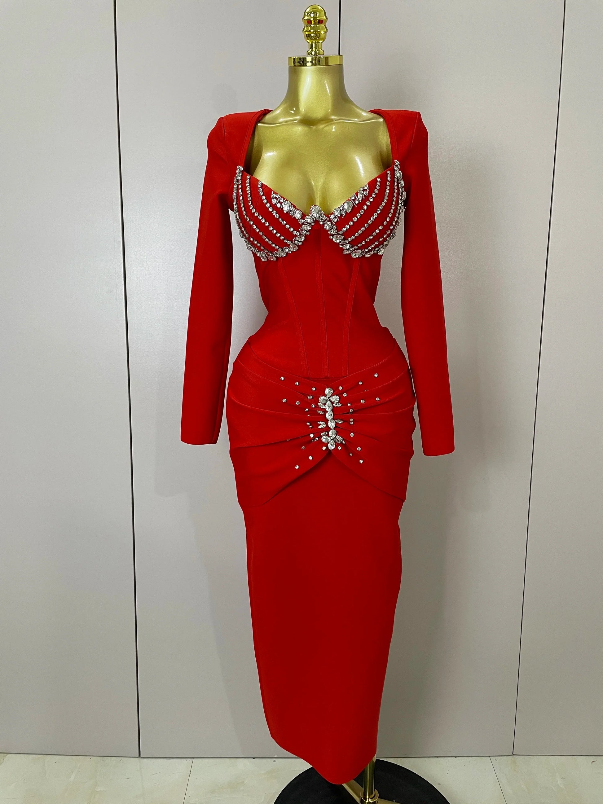 Sexy Luxury Sparkly Beading Bandage Long Sleeve Bodycon Dress Women Celebrity Party Elegant Evening Club Pary Dresses Red