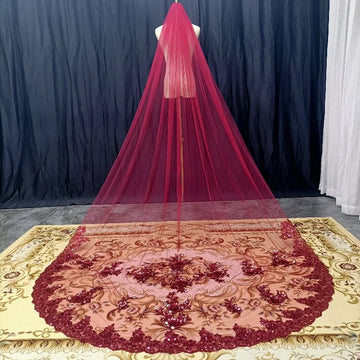 One Tier Chapel / Cathedral Bridal Veil Wine Red Lace Veil Wedding Accessories with Metal Comb Wine Red