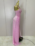 Luxury Pink Rhinestones Split Floor Length Dress Women Sexy Evening Celebrate Birthday Party Dress Photoshoot Stage Wear