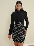 Spring Elegant Women's Bandage Dress Stand Collar Long Sleeve Light Luxury Hot Diamond Bodycon Dress Club Party Vestidos