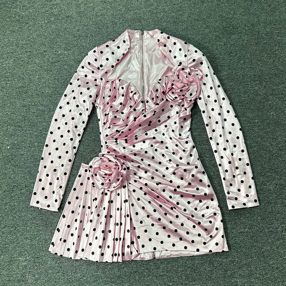Sexy Women'S Three-Dimensional Flower Patchwork Polka Dot Dress V-Neck Long Sleeved Draped Bodycon Pink Mini Dress Vestidos