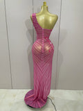 Luxury Shinning Rhinestones Flowers Sexy One Shoulder Bodycon Maxi Long Dress Women Evening Birthday Party Stage Costume