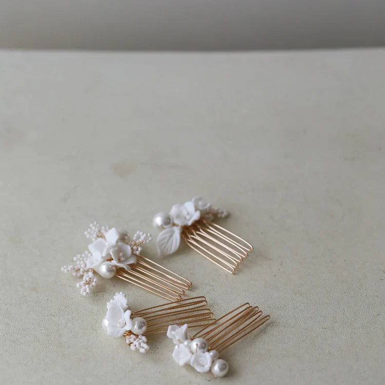 Bridal Jewelry Imitation Pearl Hair Comb Pin Porcelain Flower Head Piece Brides Gold Silver Color Hairpin Wedding Accessories