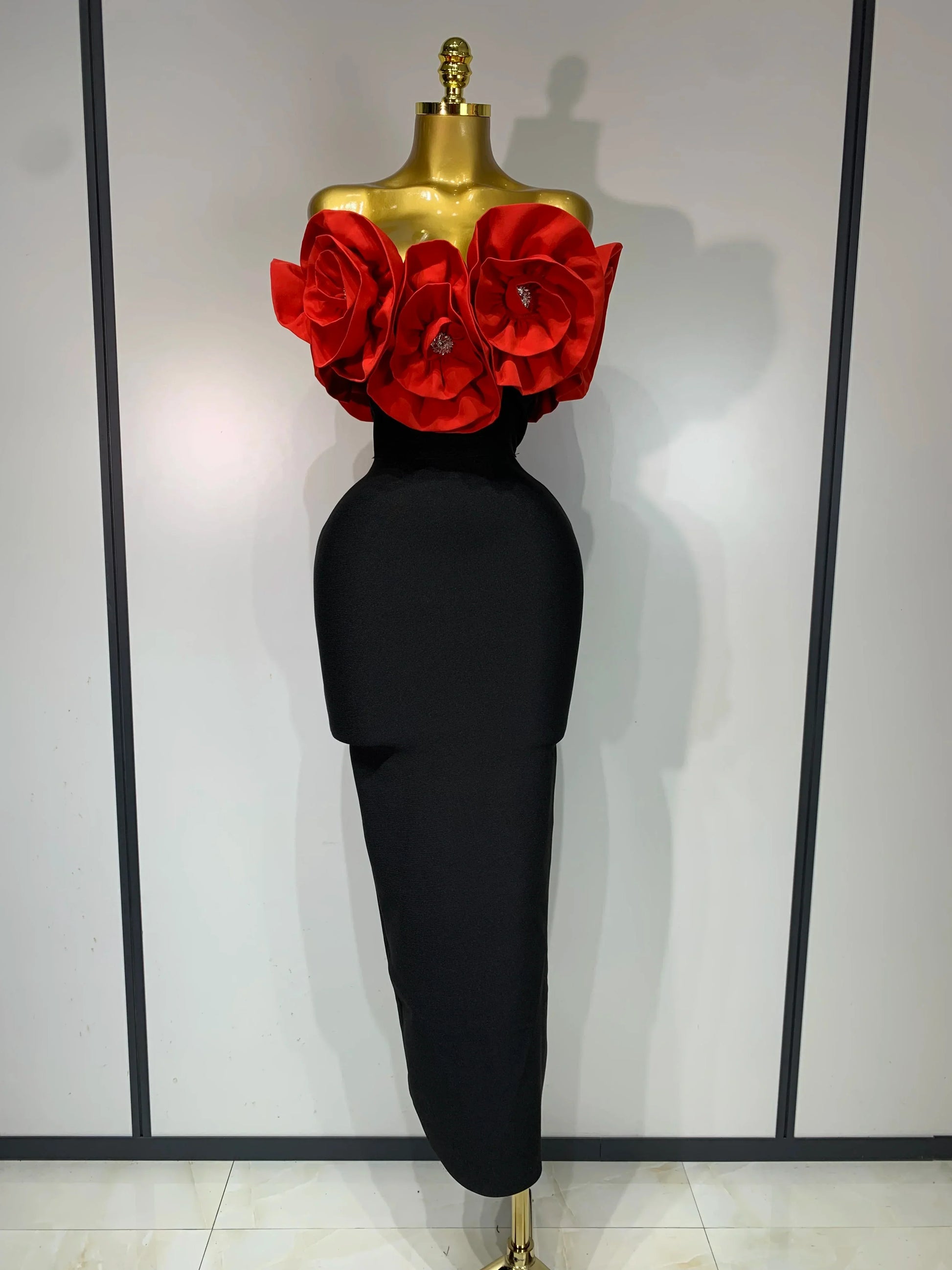 Women Sexy Off Shoulder Flower Diamonds Long Bodycon Bandage Dress Celebrity Elegant Evening Luxury Birthday Party Dresses Red