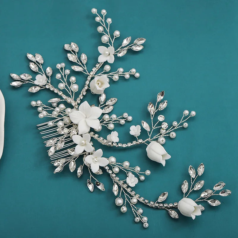 Wedding Accessories Porcelain Flower Hair Comb Pin Imitation Pearl Crystal Hairpin For Brides Women Head Pieces Bridal Jewelry