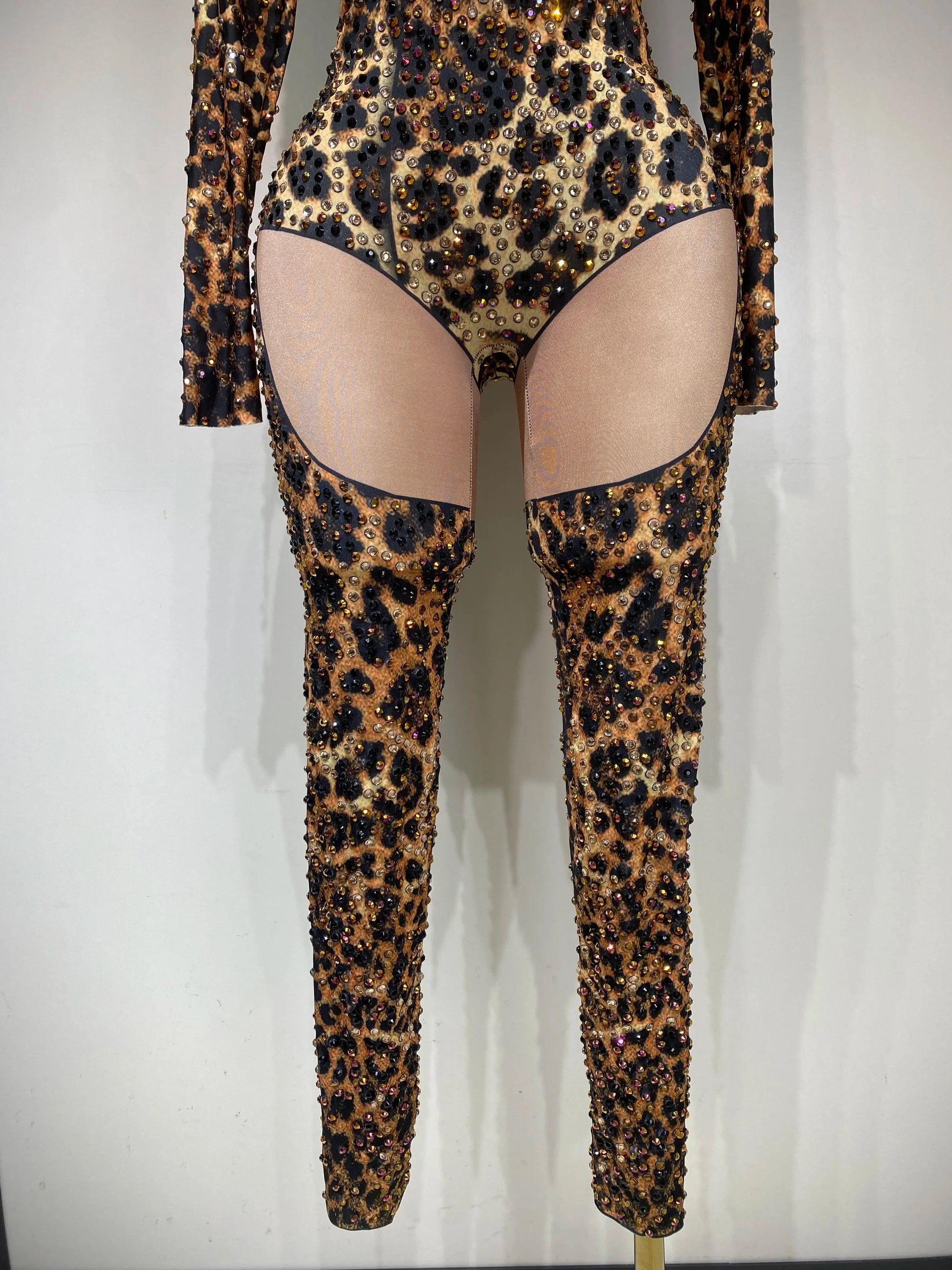 Women Stretch Leopard Print Sexy Bodycon Jumpsuit Bar Nightclub Singer Dancer Luxury Diamond Stage Performance Outfit