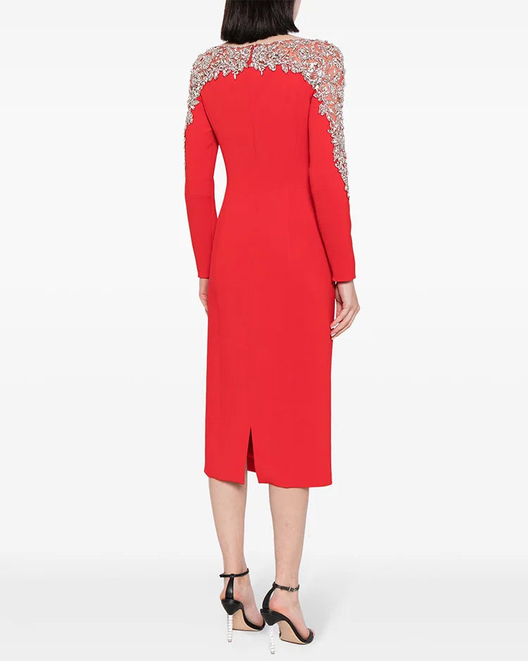 Luxury Black Red Color Women Long Sleeve Beading Handmake Slim Mid-calf Dress Elegant Evening Party Cocktail Outfit Vestido
