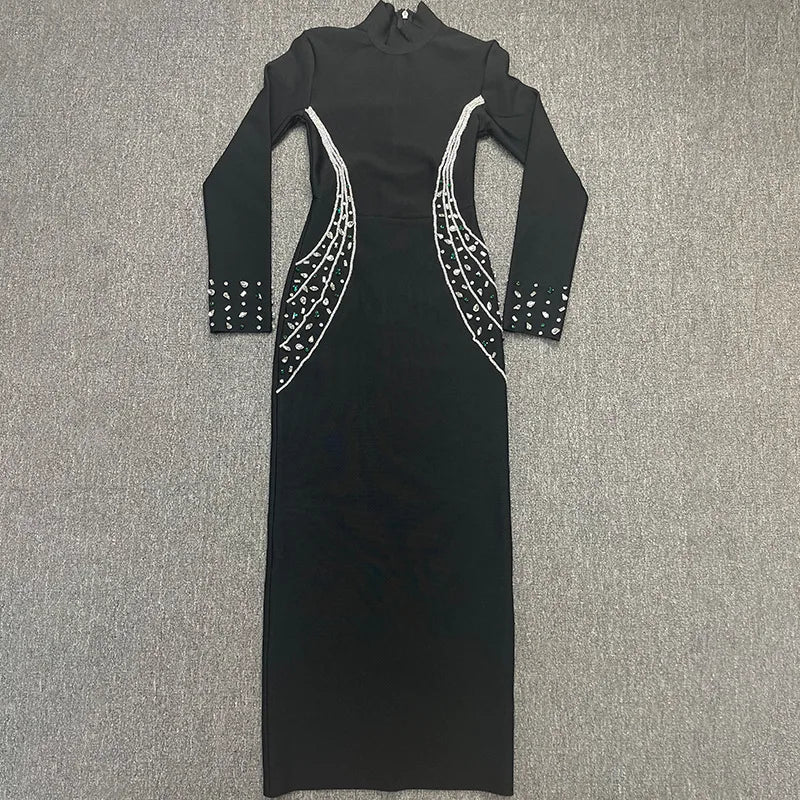 Black White Color Women Long Sleeve Shinning Rhinestones Bodycon Long Bandage Dress Evening Party Celebrate Outfit Vestido black