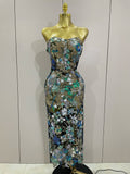 Sexy Strapless Floral Sequin Long Dress Women Sequins Flower Backless Long Slim Dress Evening Party Runway Gown Dress Blue