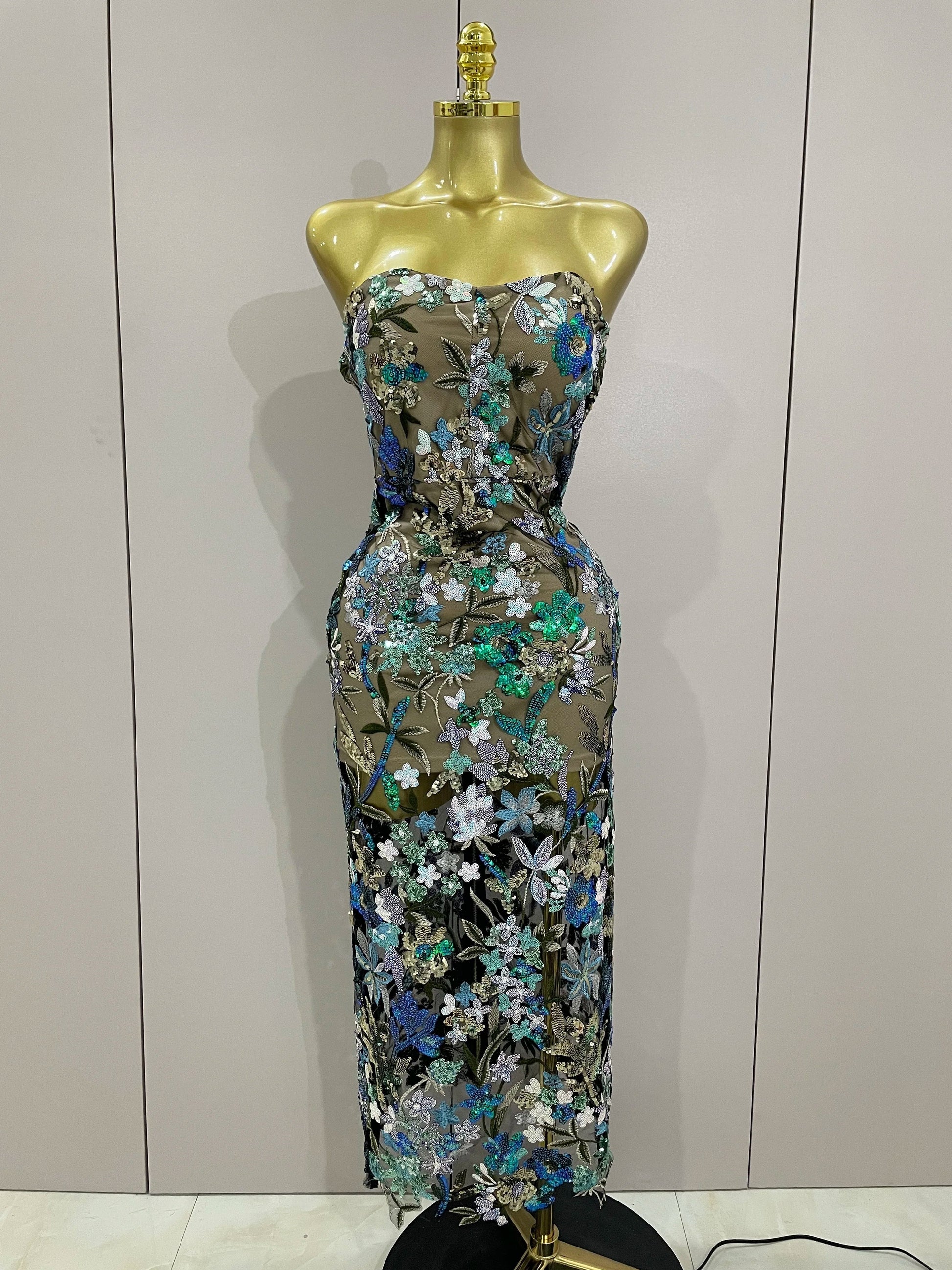 Sexy Strapless Floral Sequin Long Dress Women Sequins Flower Backless Long Slim Dress Evening Party Runway Gown Dress Blue