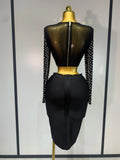 Women Sexy Long Sleeve Mesh Pearl Black Top Celebrity Midi Women Bandage Set Designer Evening Party Birthday Two Piece Set