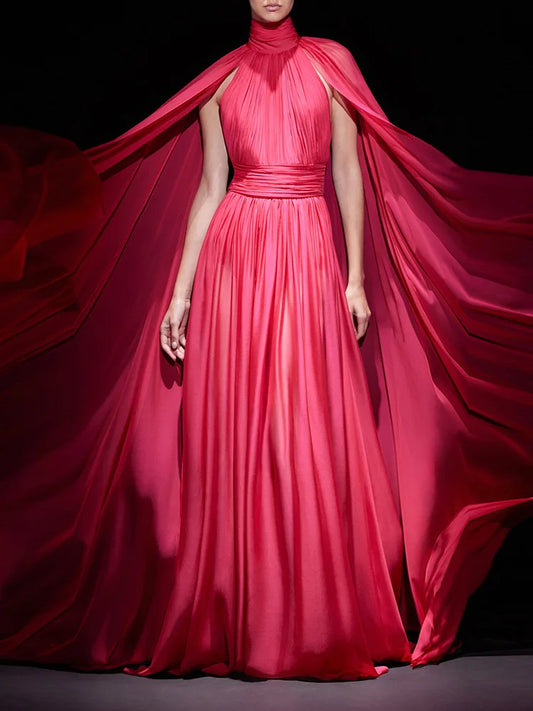 Arrival Red Color Women Fashion Cloak Sleeve Slim Floor-length Dress Elegant Eveening Party Celebrate Prom Outfit Red