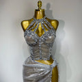 Women Sparkly Silver Rhinestones Top Long Skirt Two Pieces Set Singer Dancer Performance Costume Nightclub Stage Wear