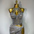 Women Sparkly Silver Rhinestones Top Long Skirt Two Pieces Set Singer Dancer Performance Costume Nightclub Stage Wear