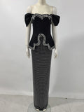 Women Sexy Off Shoulder Pearl Diamond Black Maxi Long Bandage Two Piece Set Elegant Evening Club Party Prom Gowns