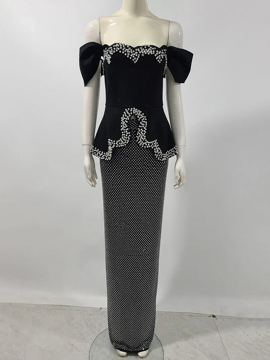 Women Sexy Off Shoulder Pearl Diamond Black Maxi Long Bandage Two Piece Set Elegant Evening Club Party Prom Gowns