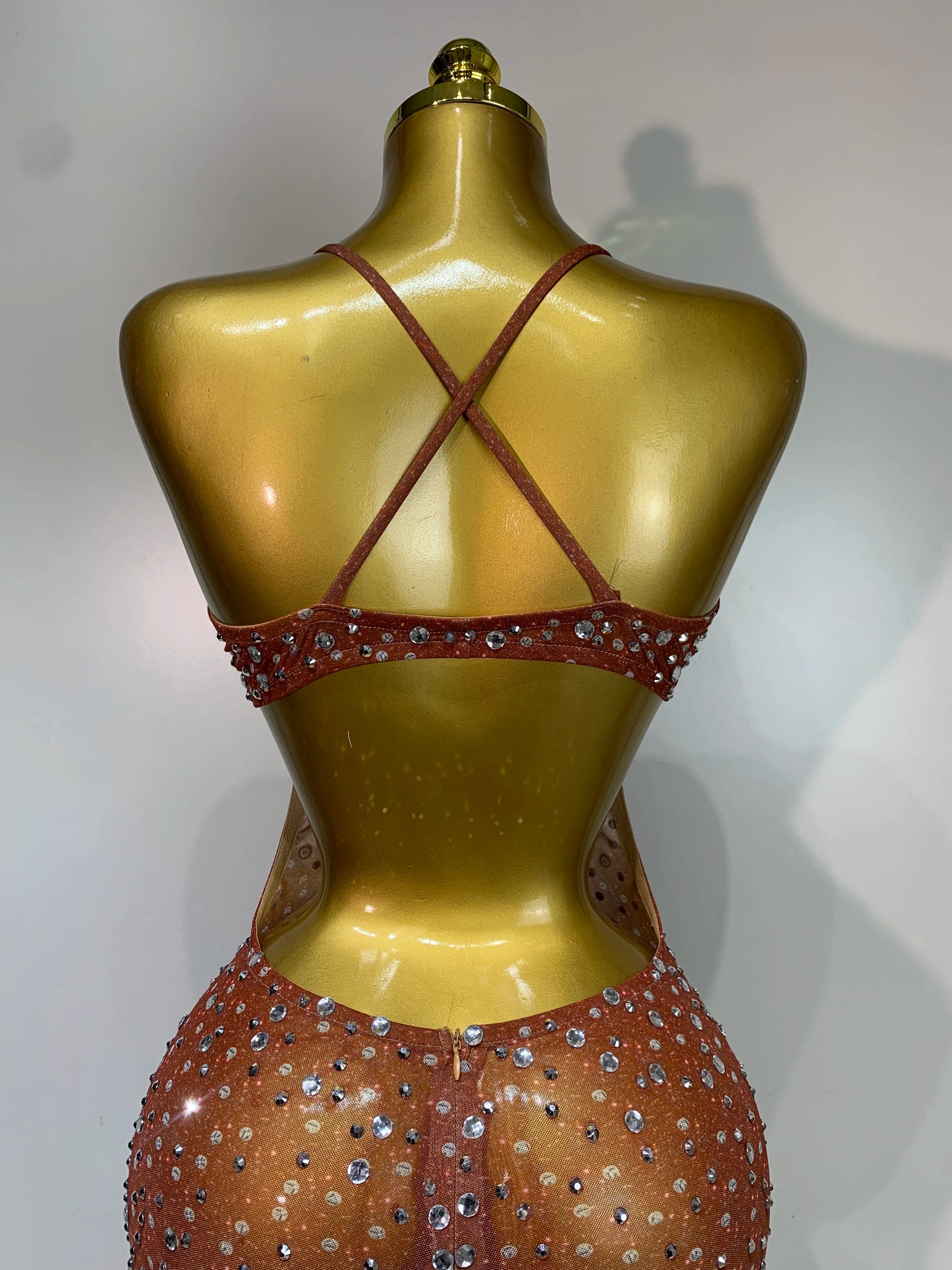 Women Sexy Backless Rhinestones Mesh Stretch See Through Maxi Dress Luxury Birthday Performance Singer Stage Costume Vestido