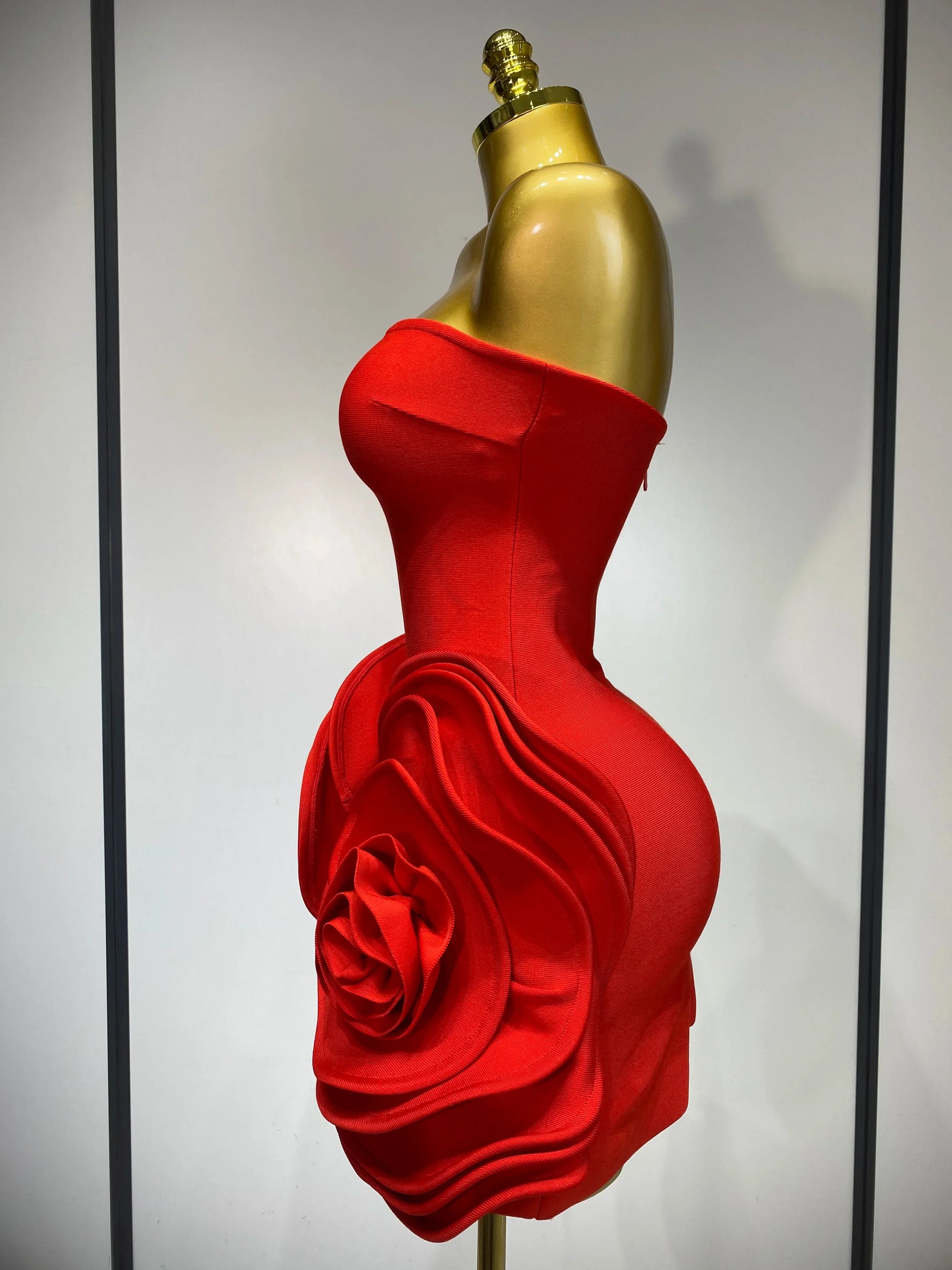 Celebrity Sexy Strapless Backless Flower Red Mini Bodycon Bandage Dress Knitted Elegant Evening Club Luxury Birthday Dress