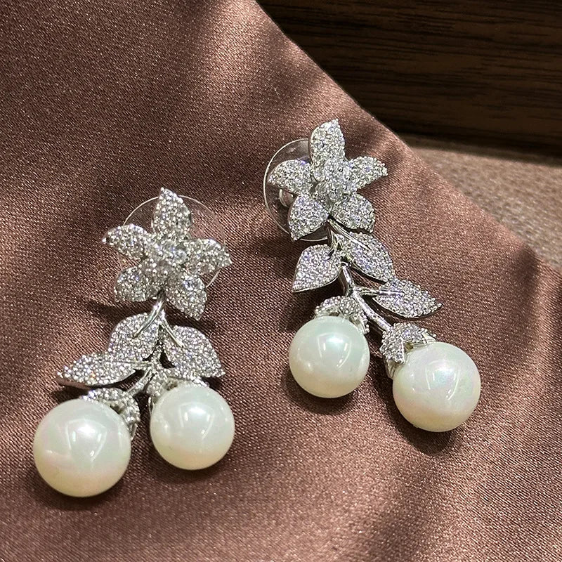 Colorful AAA Zircon Bridal Earrings CZ Cubic Zirconia Pearl Wedding Earring For Bride Women Accessories Birthday Gifts Jewelry