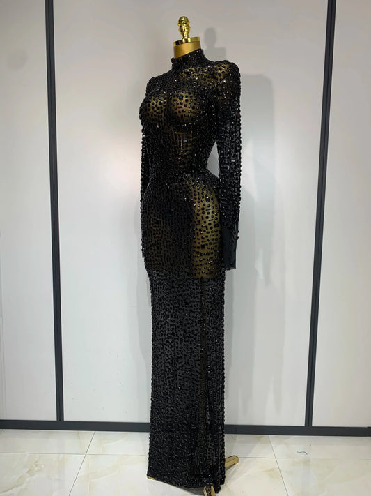 Sparkly Luxury Rhinstones Long Sleeve Elegant Party Dress Women Performance Stage Outfit Evening Birthday Prom Gown