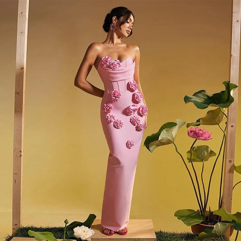 Pink Red Women Sexy Strapless Florlas Bodycon Bandage Long Dress Celebrate Nightclub Party Birthday Fashion Dress Outfit Pink