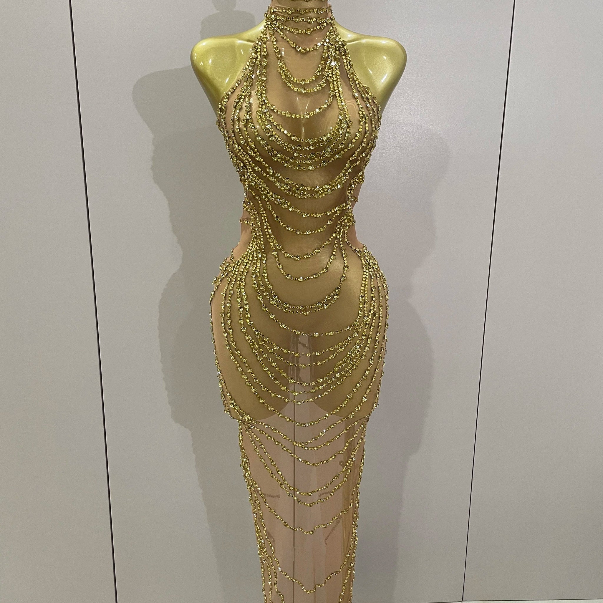 Luxury Sparkly Gold Rhinestone Sexy Transparent Mesh Long Dress Women Birthday Party Gown Stage Singer Performance Costume Gold