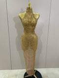 Luxury Sparkly Gold Rhinestone Sexy Transparent Mesh Long Dress Women Birthday Party Gown Stage Singer Performance Costume Gold